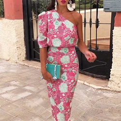 2023 Women Elegant Skew Neck One Shoulder Short Sleeve Dress Sexy Backless Slim Party Dress Ladies Fashion Flower Print Dresses