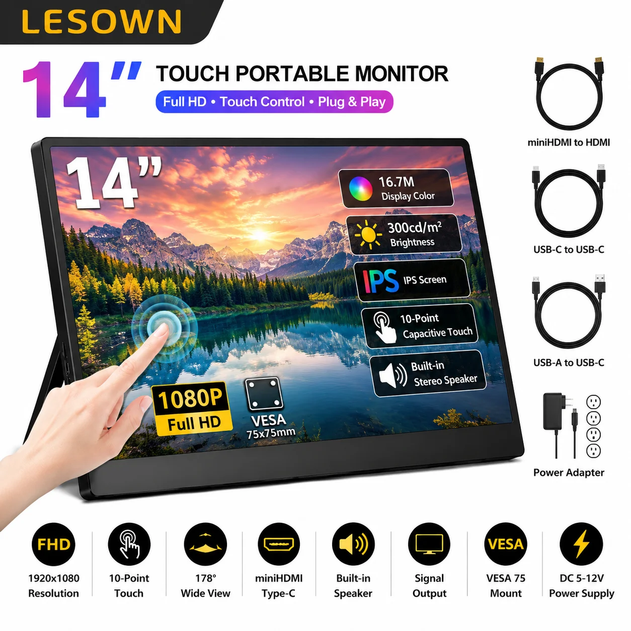 LESOWN 14 Inch Second Screen 1080P Mobile Touch Display Driverless High Definition Monitor for Business Travel