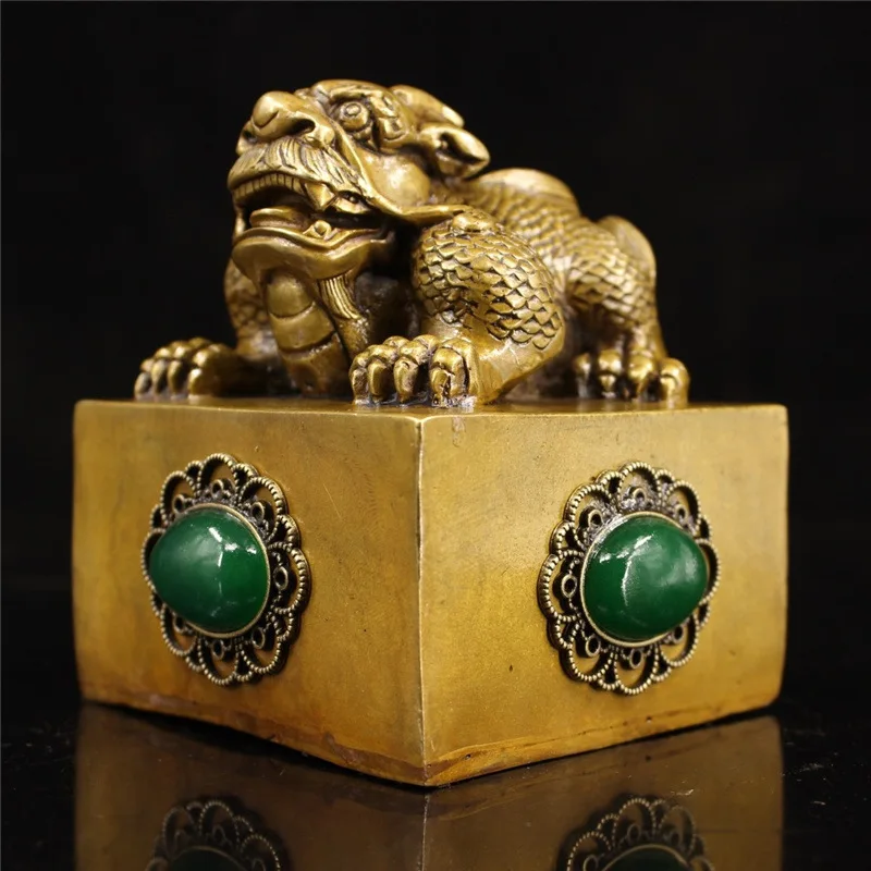 Brass with auspicious reclining beast, copper qilin seal, office gift, decorative craft, ornament, antique collectible