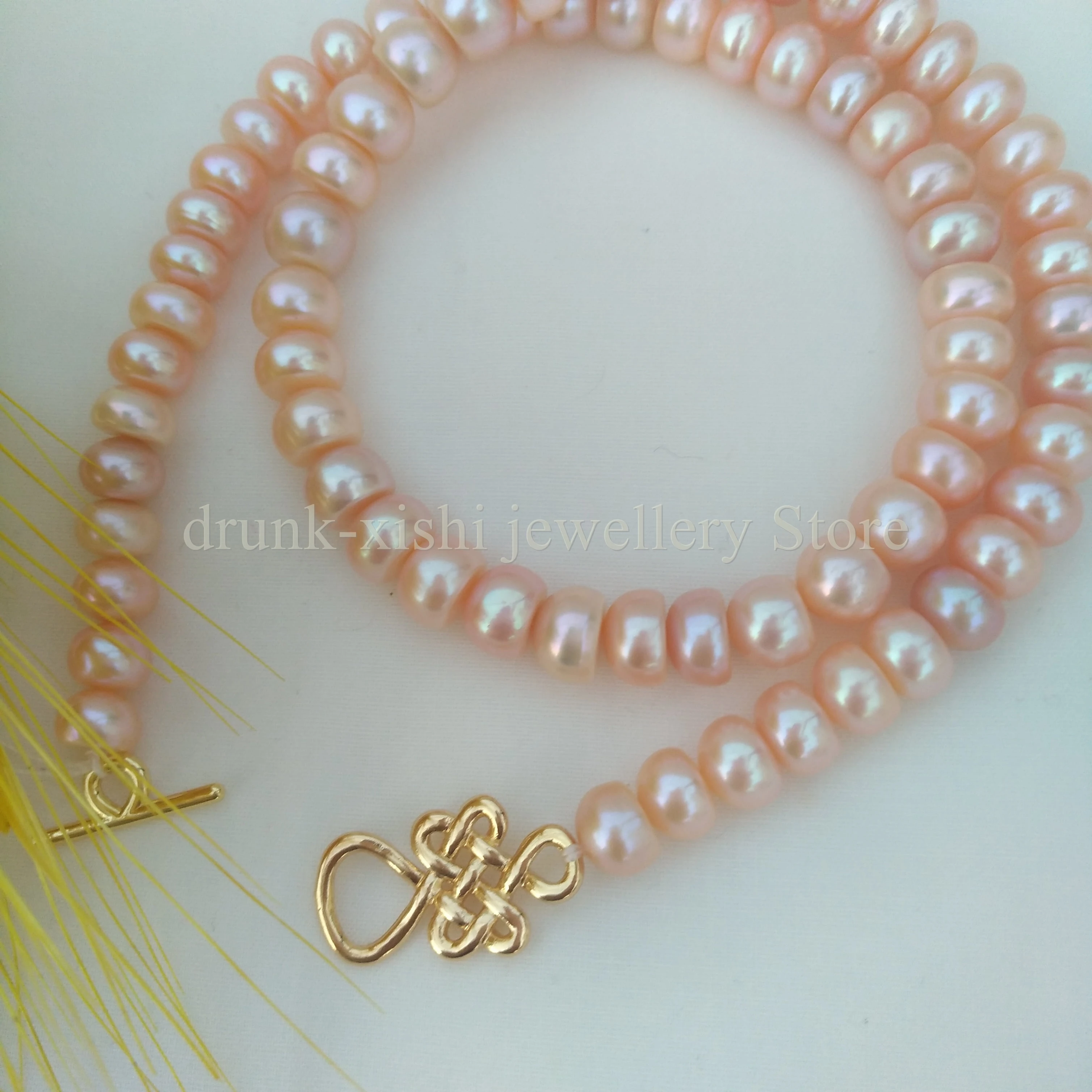 Single Strand 18in 19in Princess Length Natural 7-8mm Gold Pink South Sea Real Pearl Necklace Chinese Knot Clasp Free Shipping