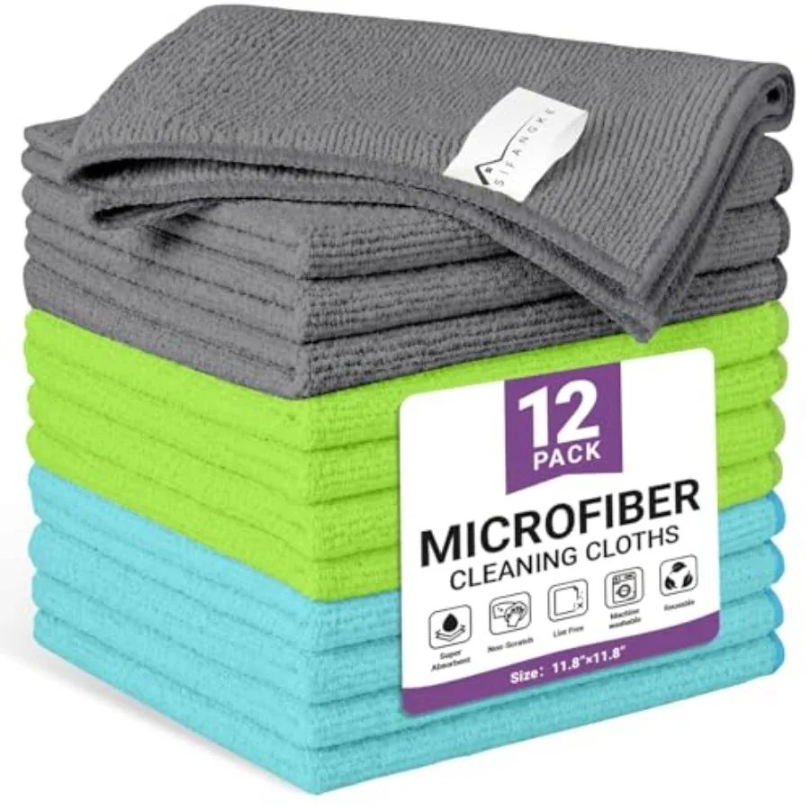 

12 Pack Microfiber Cleaning Cloth, 3 Assorted Colors Cleaning Rags for Housekeeping, Colorful Reusable Microfiber Towels for Ca