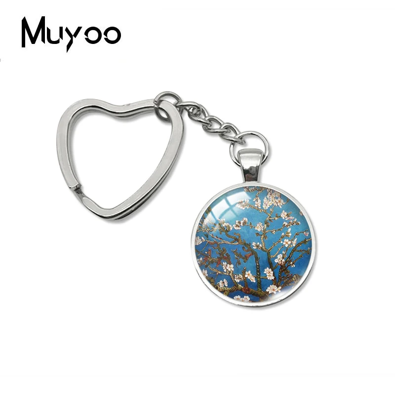 2023 New Branches Of An Almond Tree Heart Keychain Art Painting Keychains Glass Dome Cabochon Jewelry Gift