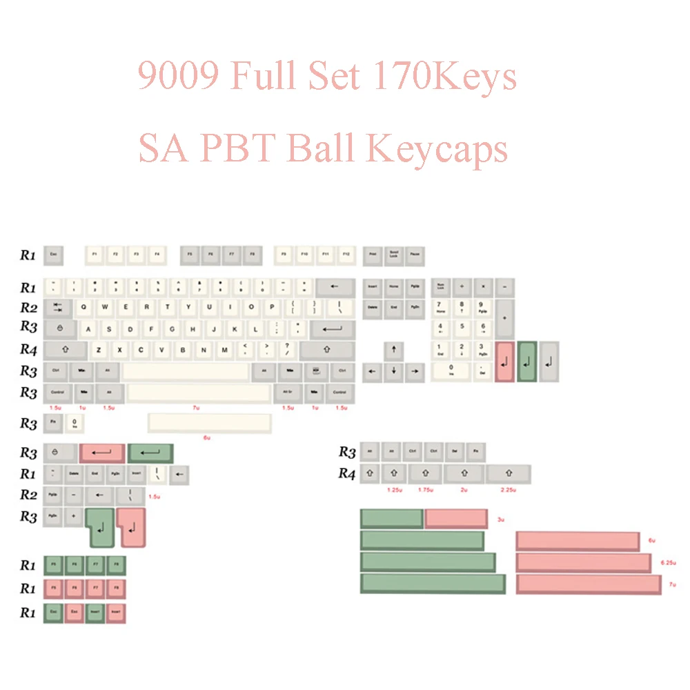 170 Keys 9009 SA PBT Ball Key Caps for Cross Swtich Mechanical Gaming Keyboard Keycaps Gray White 6u 6.25u 7u Spacebar Keycap