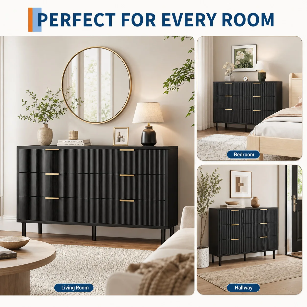 6 Drawer Storage Chest with Fluted Front Design, Wide Wood Dresser Cabinet with Metal Base for Home Organization image 5