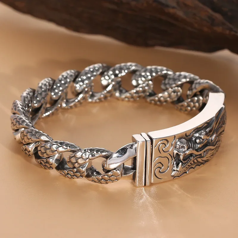 Buddhastone Retro Long Brand Faucet Chinese Style Silver color Bracelet Men's Domineering Fashion Jewelry Bracelets Male