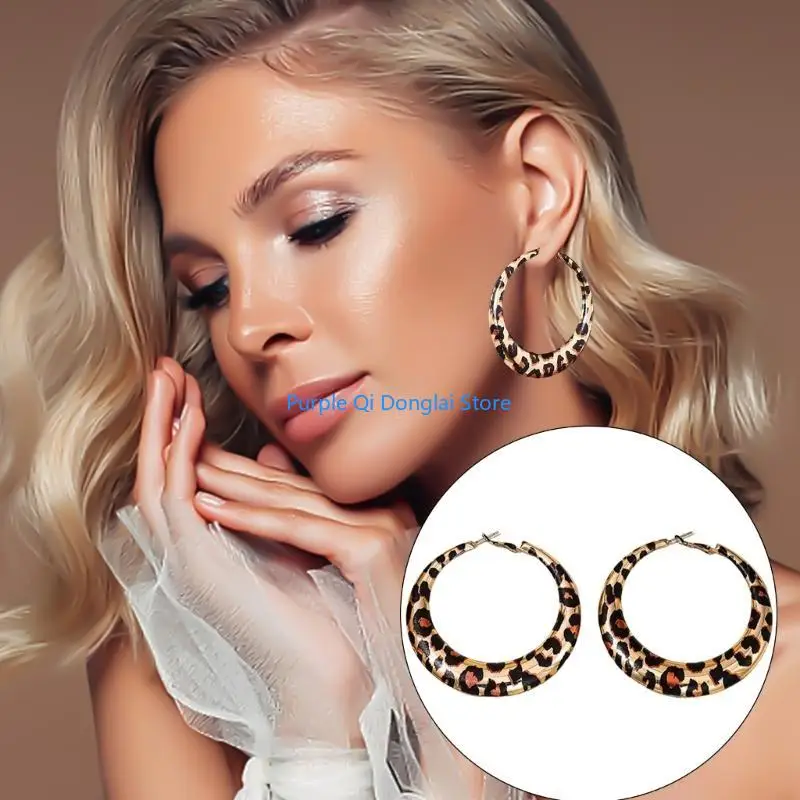 L21E Geometric Round Leopard Pattern Earrings Fashionable Leopard Geometric Earrings Stylish Circular Pendant Ear Rings