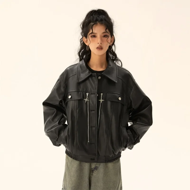 Deeptown Vintage Leather Racing Jacket Women Streetwear Oversized Gothic Moto Biker Zipper Jackets Korean Fashion Autumn Winter