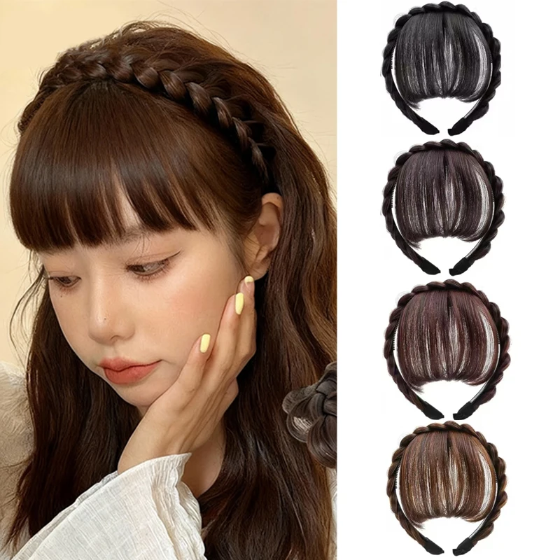 

Синтетическая плетеная повязка на голову с челкой для волос, парик с тупой челкой и повязкой на голову, обруч для волос ручной работы с косами для детей, девочек на каждый день