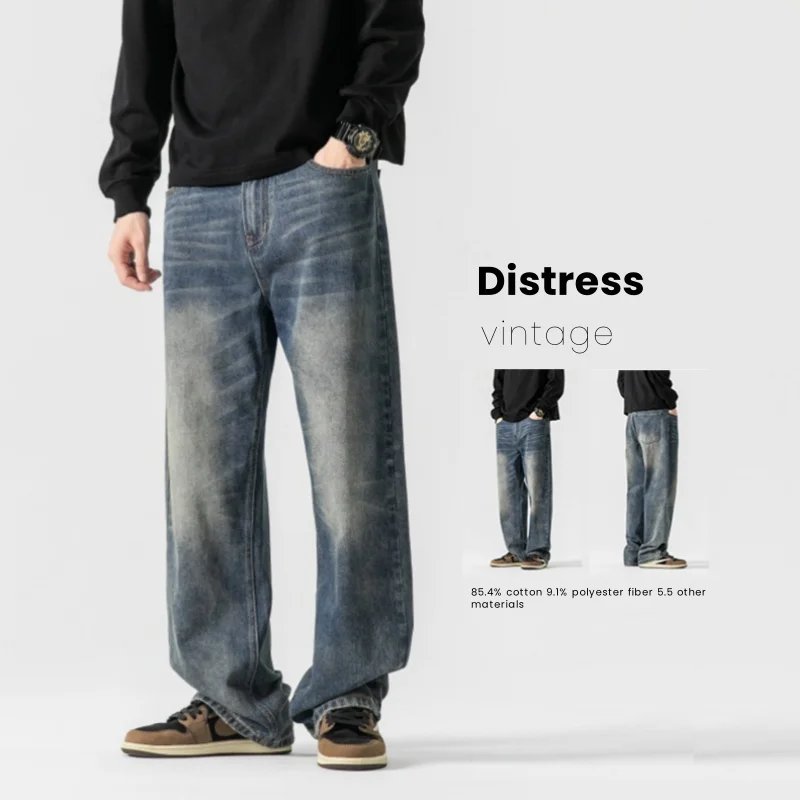 

2025 Autumn New Men's Straight Jeans Casual Vintage Washable Distress Loose Boyfriend Denim Trousers Male Streetwear