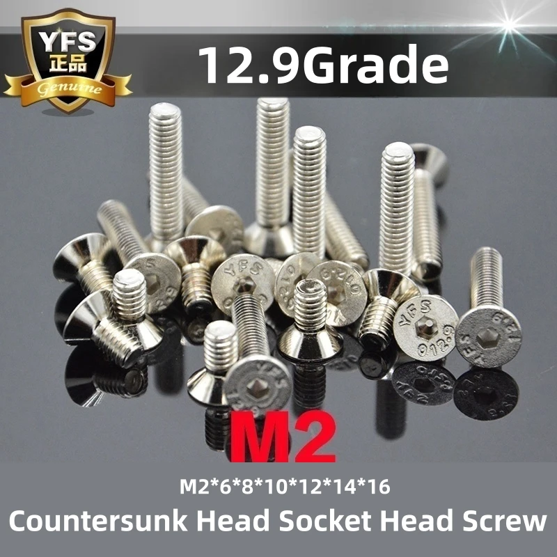 100PCS YFS M2 Countersunk Hexagon Socket Head Screw M2*6*8*10*12*14*16mm Grade12.9 White Nickel Plating Screws