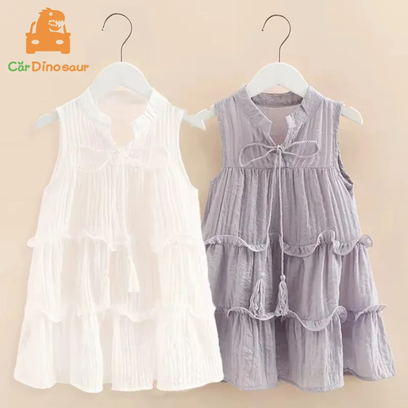 2025 Summer 3 4 5 6 8 10 12 Years Solid Colour Confident Princess Sleeveless White Gray Teenage Layered Kids Girls Beach Dress