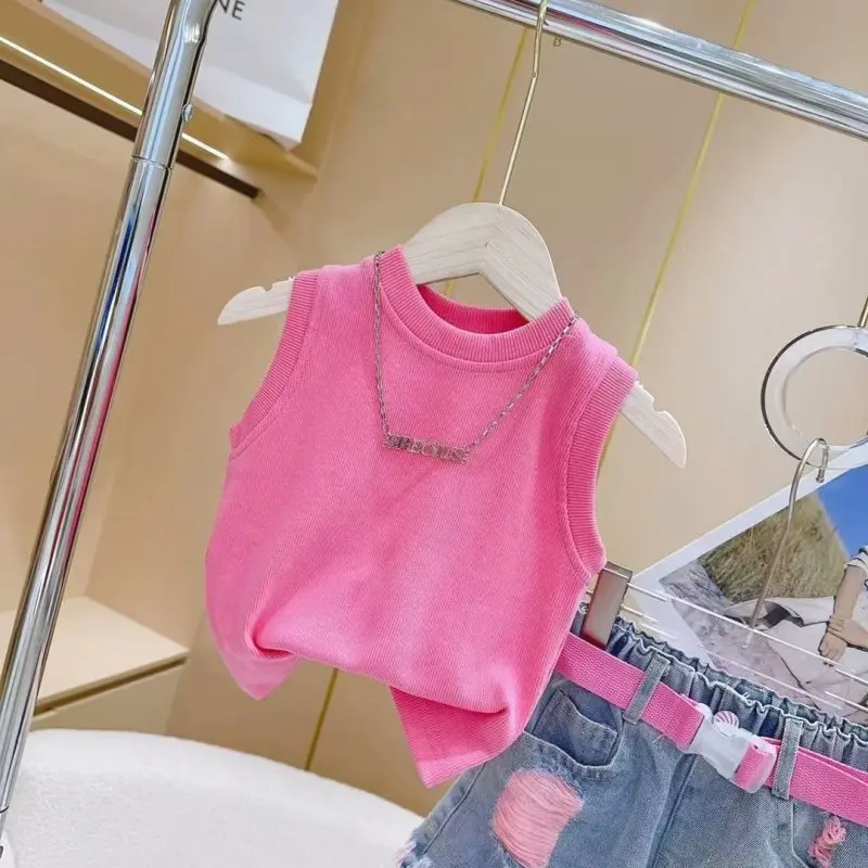 Girls\' Denim Shorts Suit Summer 2023 New Kids Outfits Korean Version Little Girls\' Fashionable Shorts T-shirtTwo-piece Set 4-10T