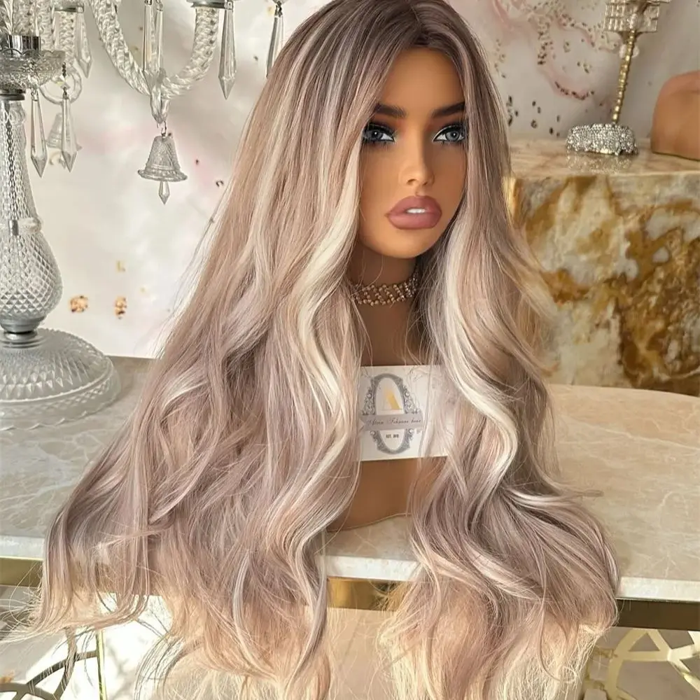 

Grey Platinum Blonde Wig w Dark Roots Soft Synthetic Highlight Lace Front Wig Loose Wavy Heat Friendly Fibre Cosplay Daily Use