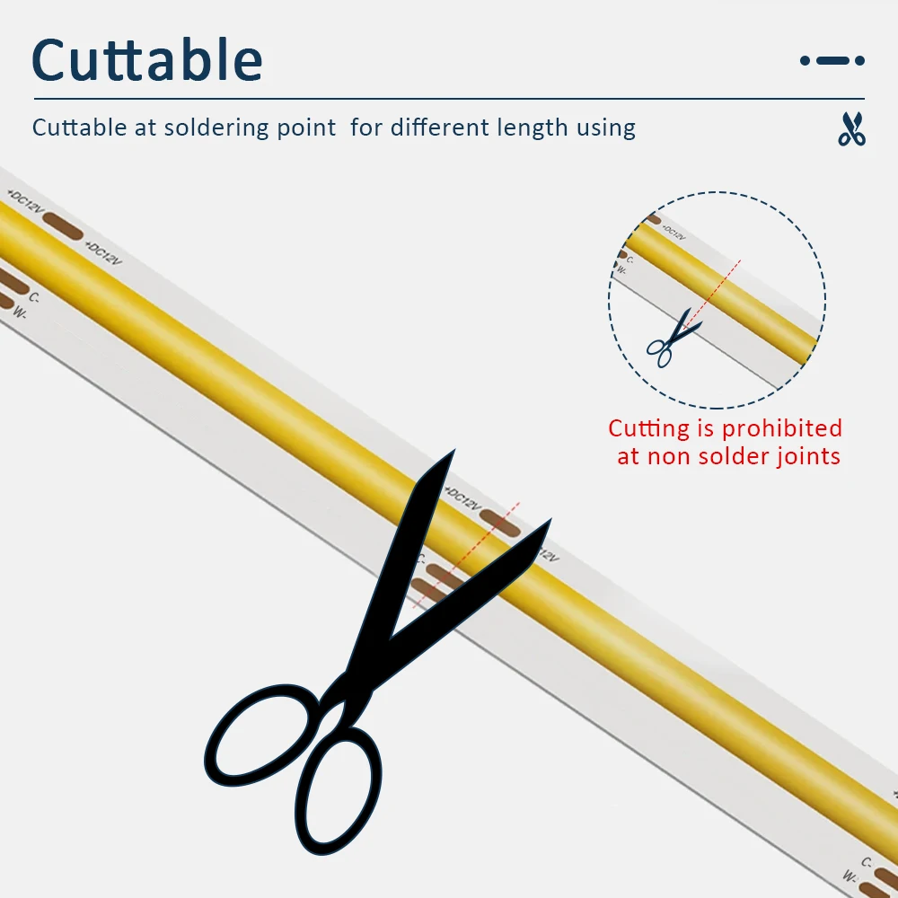 CCT COB LED Strip Lights, alta densidade, fita FOB flexível, iluminação mutável, 608 LEDs por m, 2700K a 6500K, DC 12V, 24V