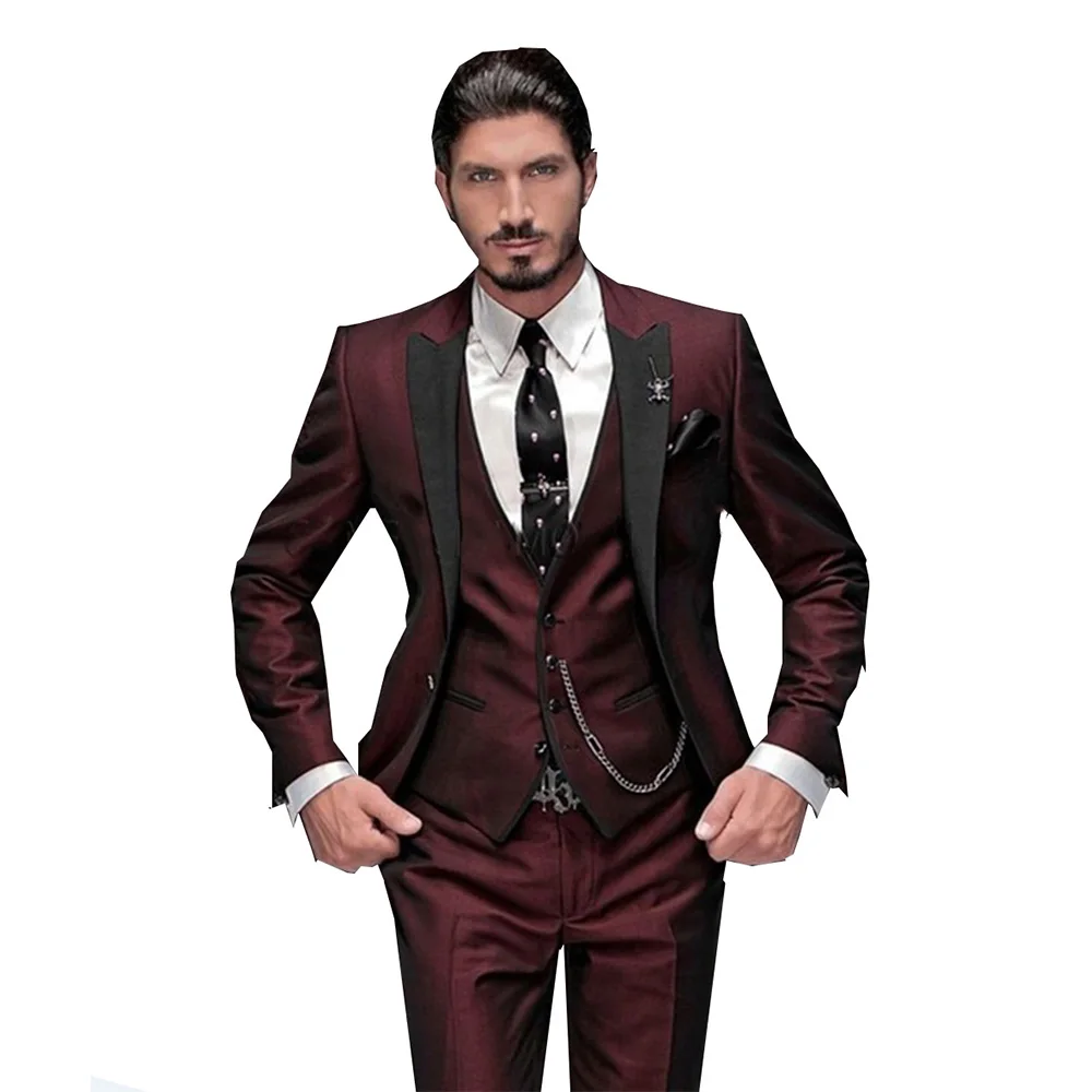 Men\'s Suit Slim Fit 3 Pieces Burgundy Tuxedo Gentle-Mens Wedding Suits Notch Lapel Groom Terno (Jacket+Pants+Vest)