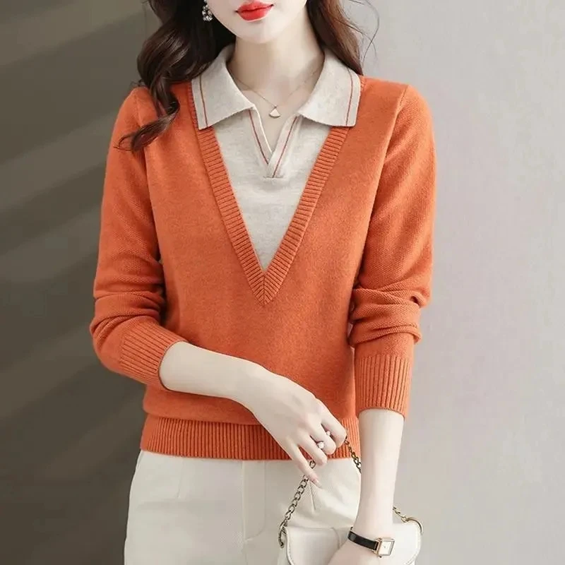 Fake Two Piece Sweater Women Polo Collar Color Blocking Knitted Pullovers 2025 Autumn/Winter Korean Versatile Female Knit Tops