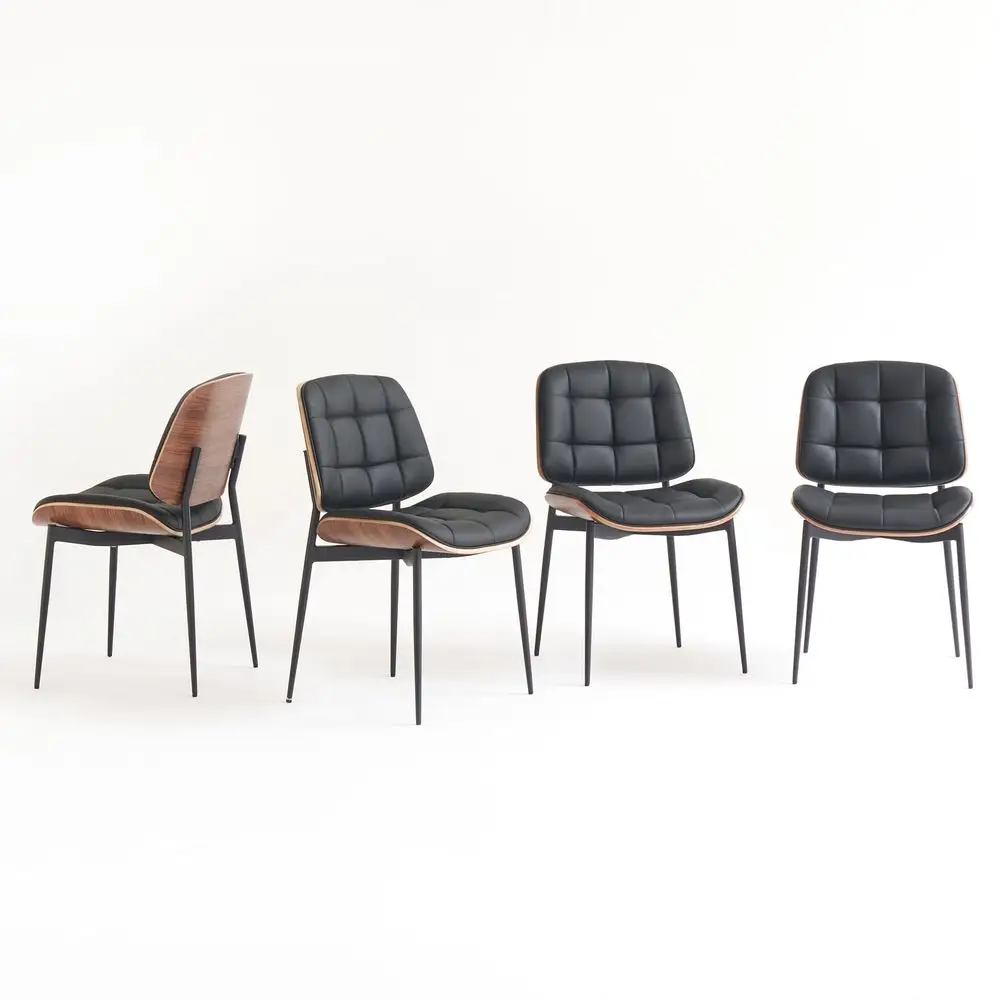 

Mid Century Modern Dining Chairs with Walnut Grain Back, Black Faux Leather Dining Room Chairs Set of 4, Checkered Soft Cushion