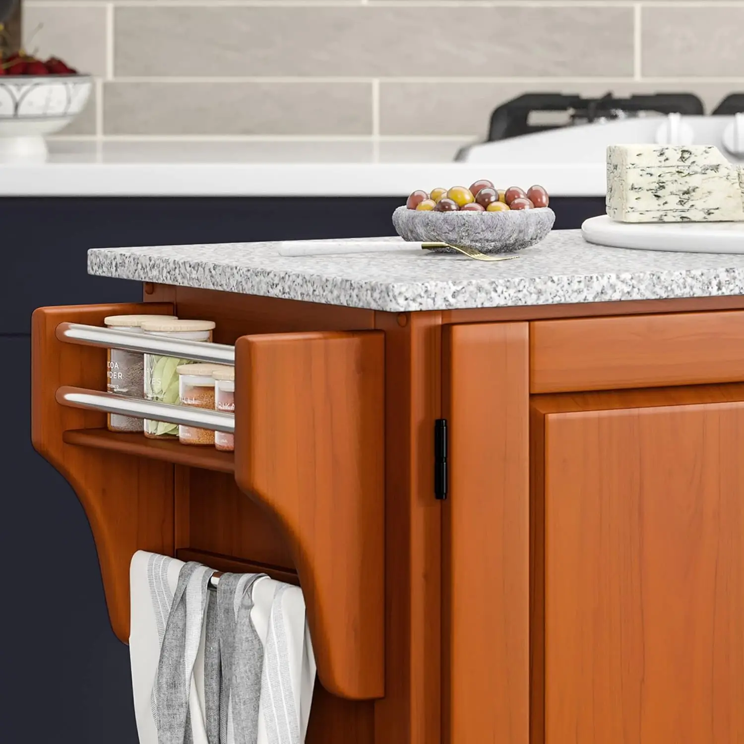 Large Mobile Create-a-Cart Warm Oak Finish Two Door Cabinet Kitchen Cart with Salt and Pepper Granite Top, Adjustable Shelving. image 5