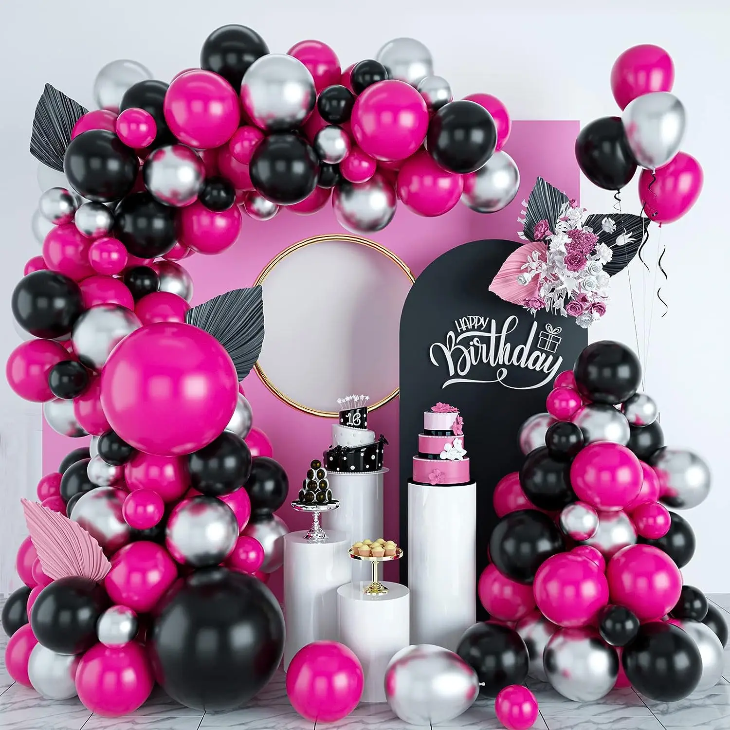 Hot Pink Black Balloon Garland Kit with Metalic Silver Kuromi Party Balloons  For Birthday Decoration Wedding Baby Shower