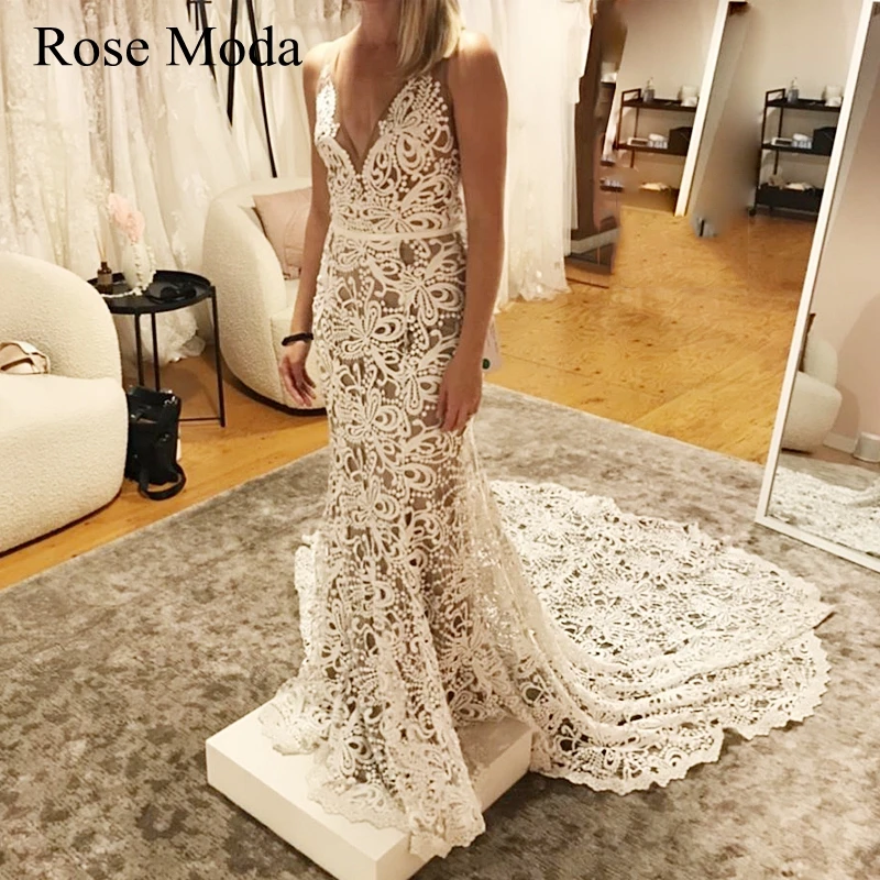 

Rose Moda Deep V Neck Lace Wedding Dress Ivory and Champagne Backless Boho Bridal Gown Real Photo