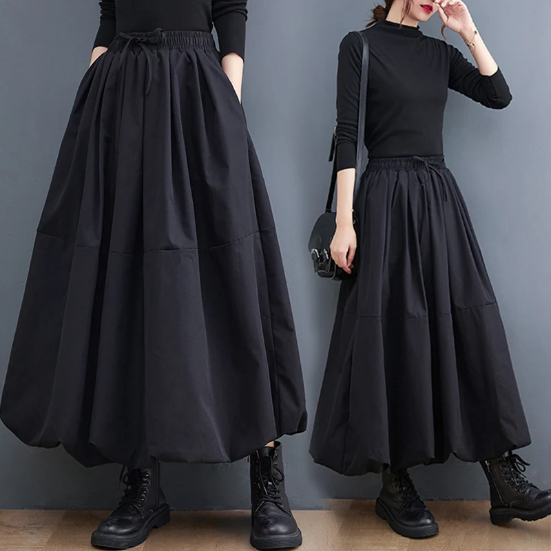 

High Waist Midi A-Line Skirt plus Size Women Color Dstring Elastic Waist Puffy Skirt Comfortable Fit Office Wear