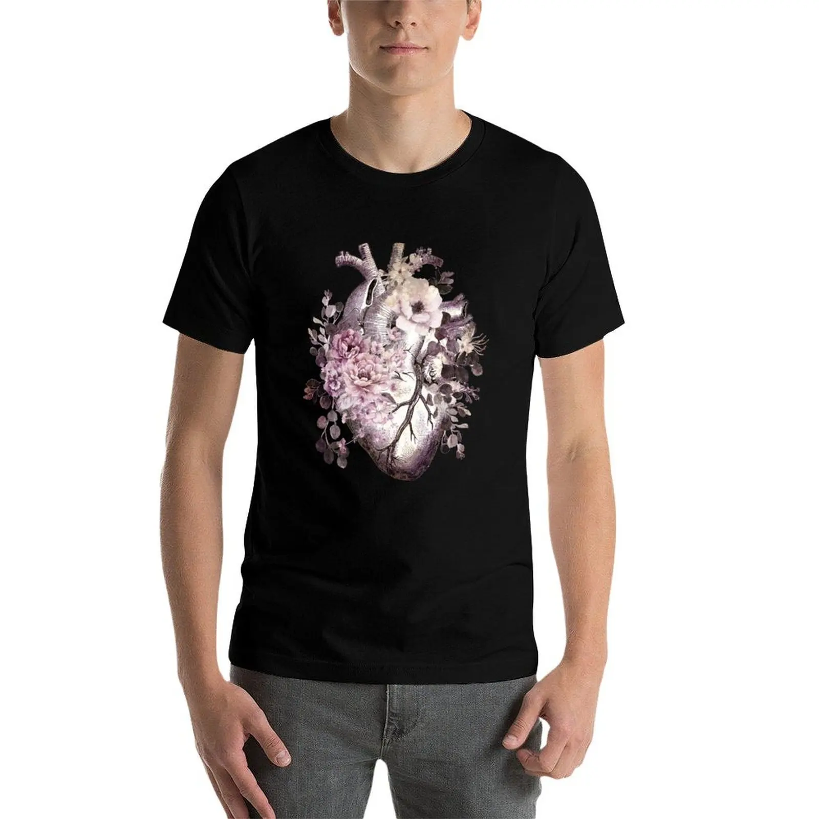 

Bloom Floral Heart Human Anatomy pink watercolor style flowers T-Shirt cotton t shirts man 100% T-Shirt