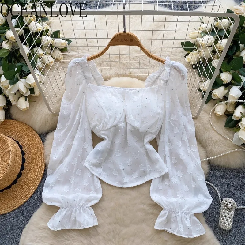 

OCEANLOVE Diamonds Beading Blouses Square Neck Puff Sleeve Solid Women Shirts Spring Autumn Retro Sexy Short Blusas Mujer