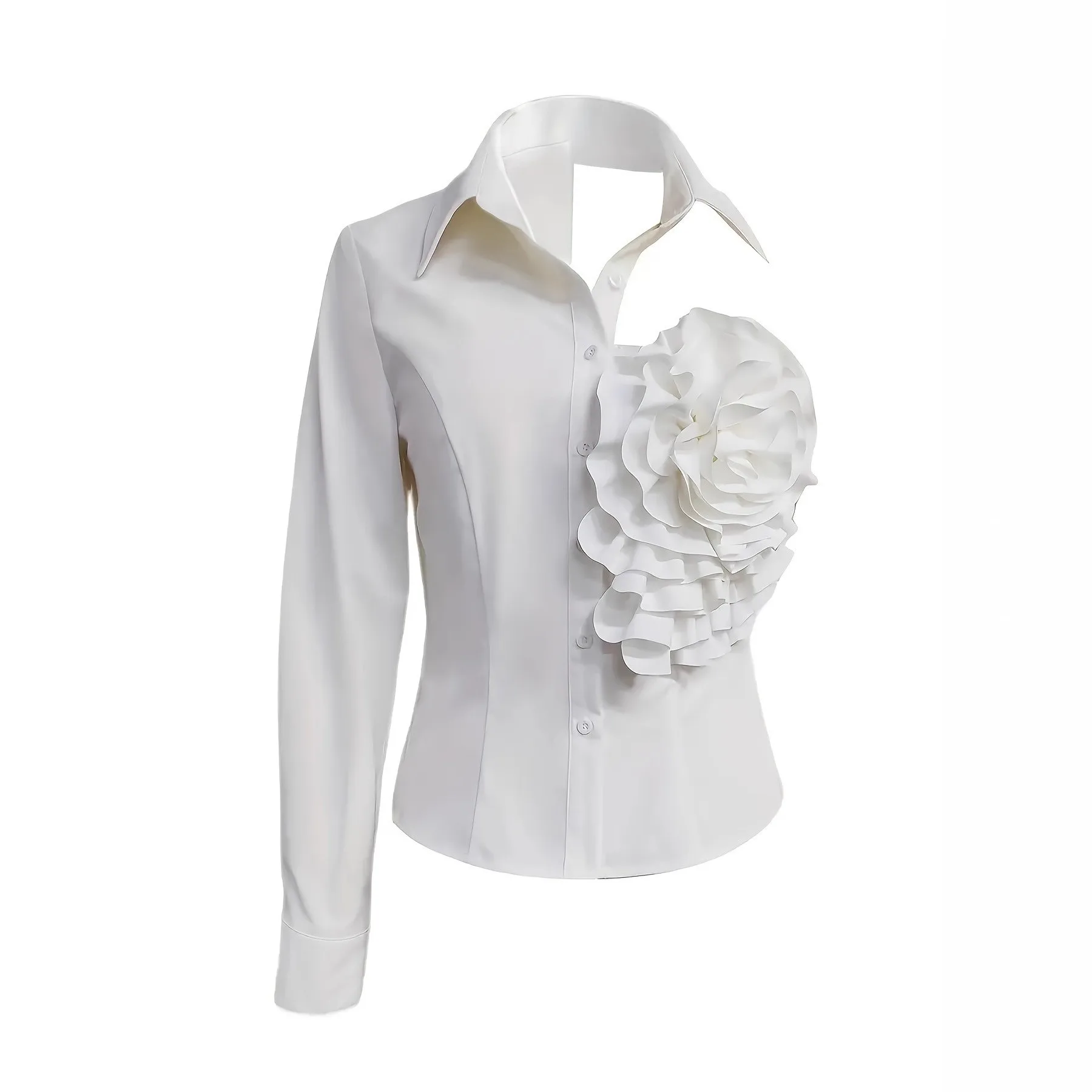 Men's Shirt Cotton Long Sleeve White Shirts Solid Color Slim Fit Button Down Shirt Floral Embellished 3d Flower Detail Dress