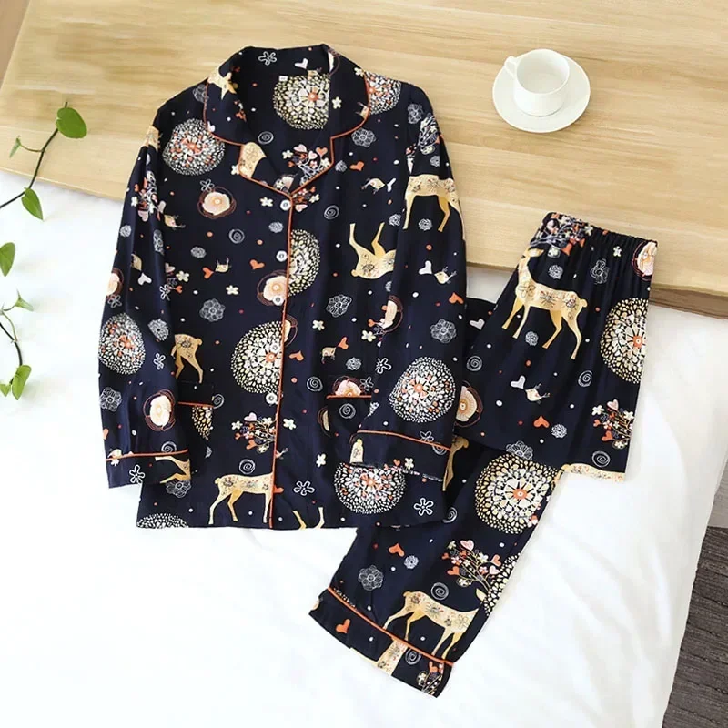 Nieuwe lente en zomer dames viscose pyjama cover kunstmatige katoenen lange mouwen cartoon cartoon losse zachte en dunne thuisservice