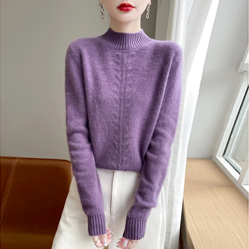 2025 Hemp Pattern Half Turtleneck Women's Woolen Sweater Autumn and Winter Warm 100% Wool Sweater Pure Color Comfort Pullover