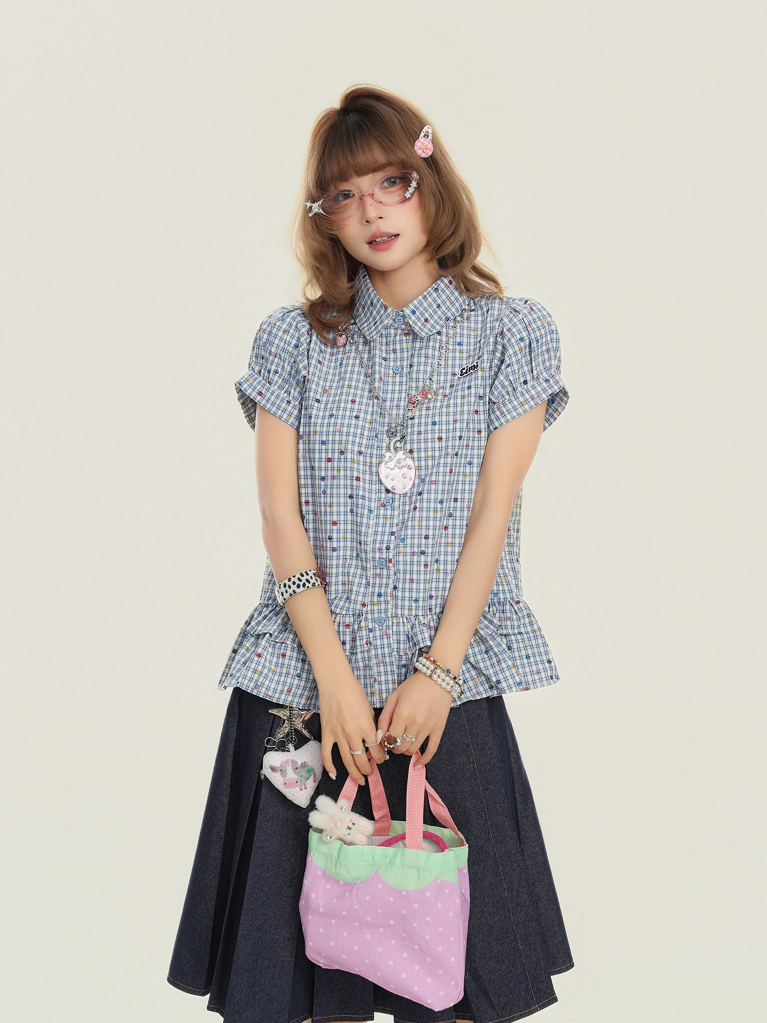 

Женская летняя блузка с короткими рукавами-фонариками в горошек, с кружевным подолом, свободного кроя, повседневный стиль, из полиэстера, в корейском стиле