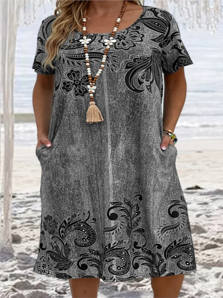 

Fashion Print Boho Dress For Women Casual Short Sleeve O Neck Pullover Loose Dresses Lady Holiday Skirts Womens Clothing Summer