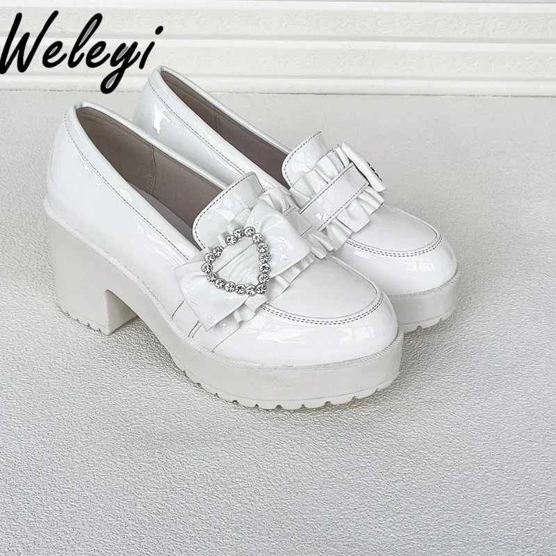 Japanese Lolita Mine Series Mass Production White Platform Heels Student Cute College Style Love Rhinestone Lace High Heel Shoes