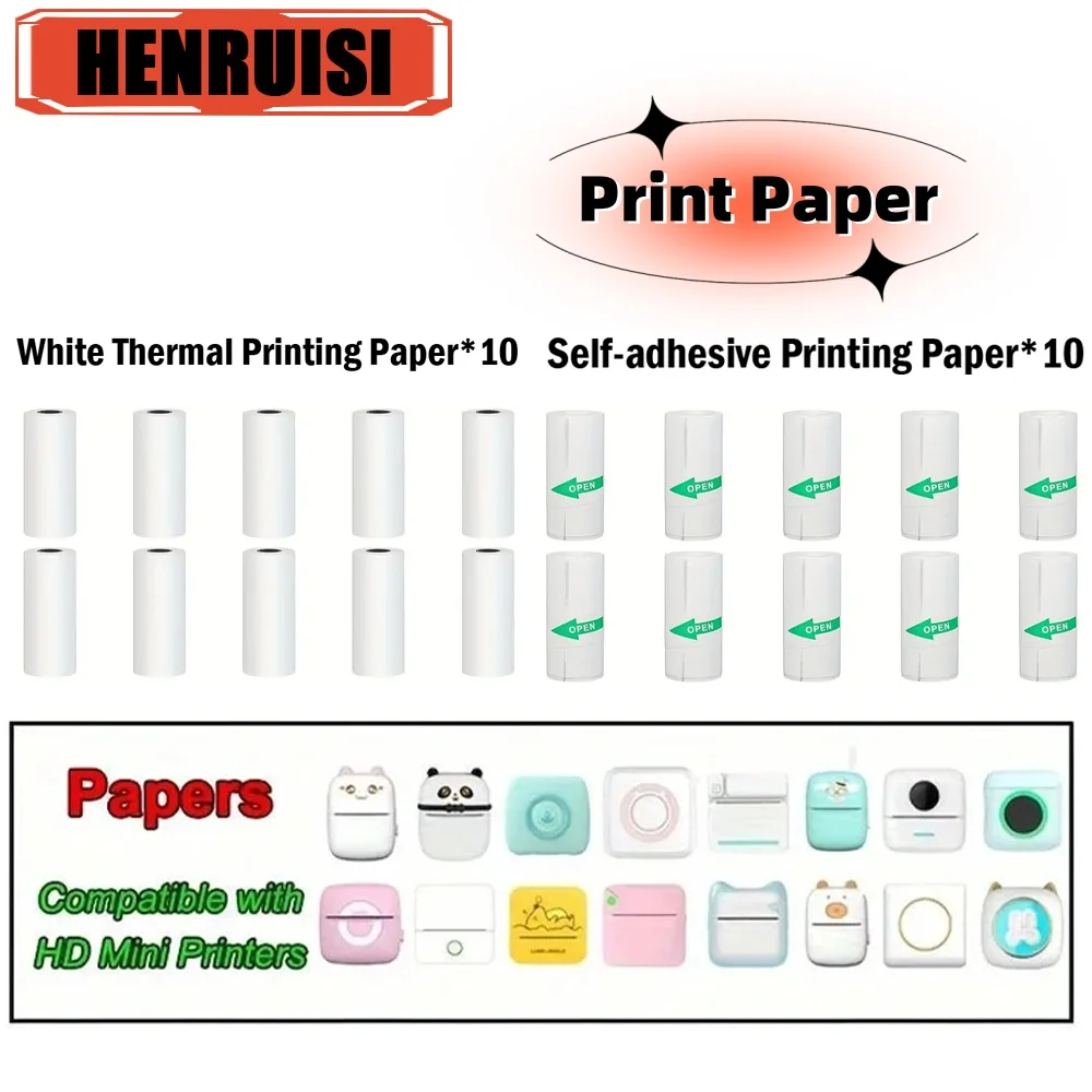 

57MM 10 Rolls Thermal Printing Paper White Self-adhesive Label Sticker Photo for Inkless Mini Printer Kids Instant Print Camera