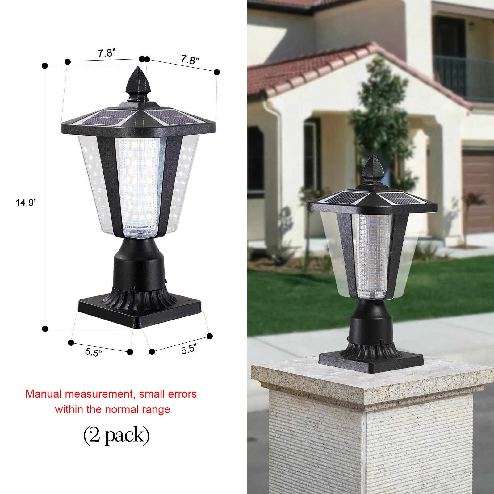 Solar powered LED pole lights, automatic on/off waterproof outdoor garden lights (2-pack)