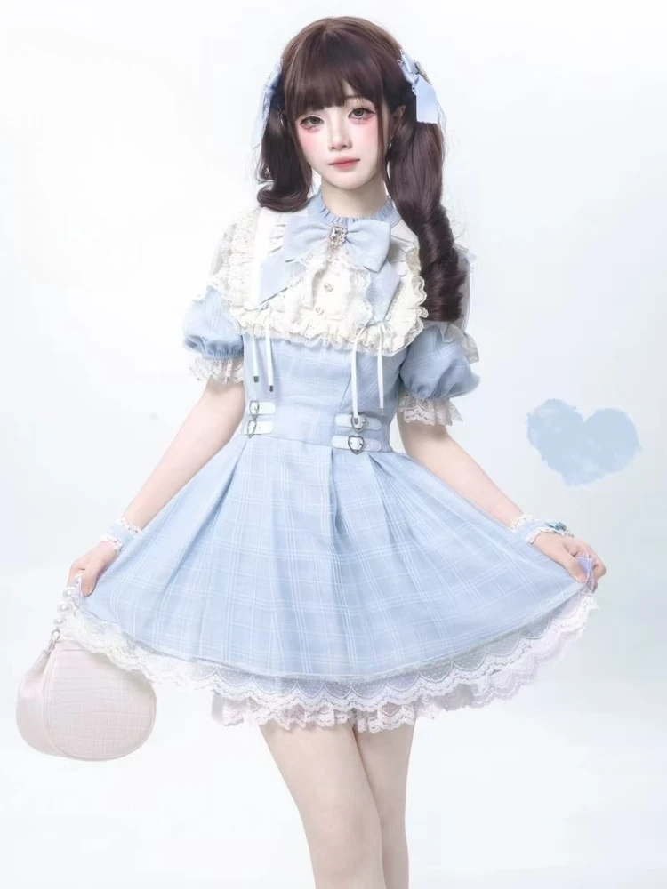اليابانية الحلو لوليتا القوس فستان مجموعة تي شيرتات قصيرة للأطفال النساء Kawaii الدانتيل الكشكشة قبالة الكتف قمصان مربعة النقش فستان القوطية Y2k سليم فستان الحفلات #4