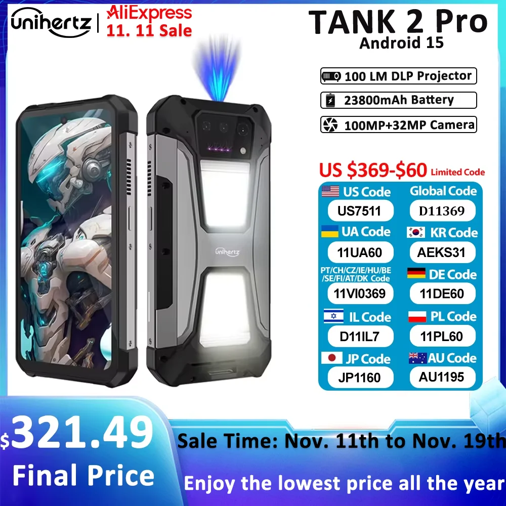 Unihertz tank 2 Pro 8849 rugged smartphone with projector 2.4K 23800 mAh 24GB + 512GB mobile phone Android 14 100MP NFC cell phone