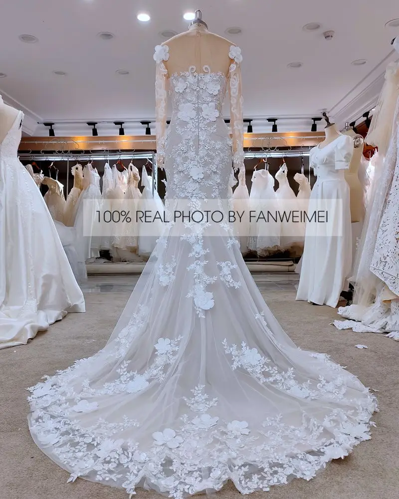 #6642 del merletto A Manica Lunga Illusione di Lusso In Rilievo Della Sirena Moderna Africana Abiti Da Sposa Abiti Da Sposa 2020 Con Il Treno Staccabile