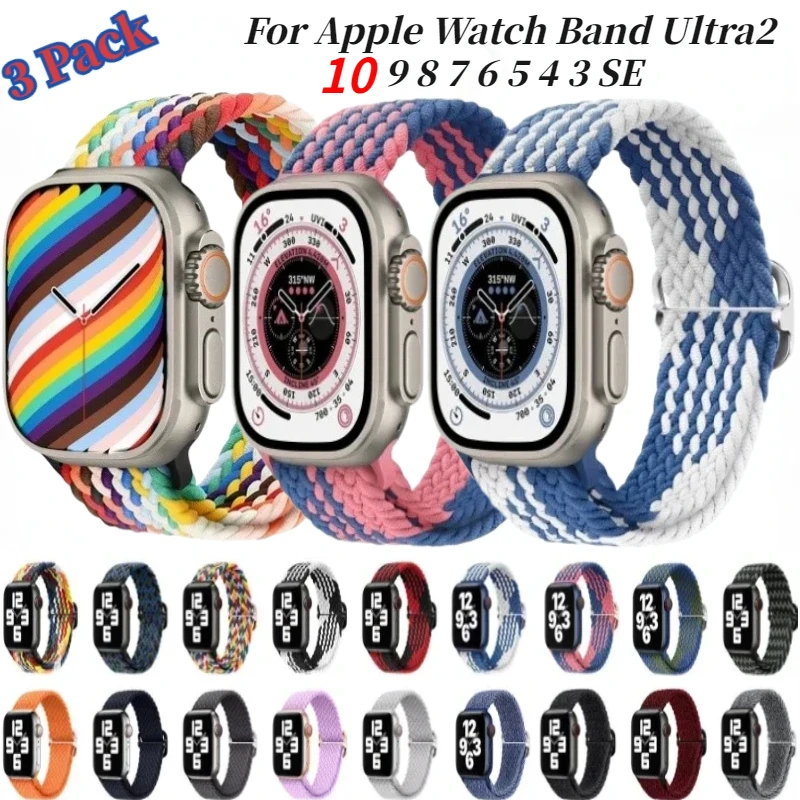 3 Pack Braided Loop Nylon Strap for Apple Watch Band Ultra 2 49mm 10 9 8 7 45mm 41mm 42mm 46mm Adjustable Wristband iWatch 6 5 4