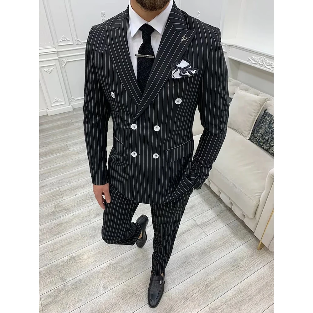 

Black Pinstripe Men's Suits Formal Occasion Double Breasted Peak Lapel Chic Blazer Terno 2 Pcs Jacket Pants Set Business Outfits