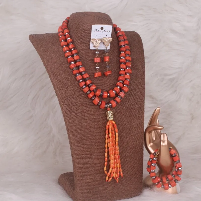 Dudo Trendy African 100% Sea Bamboo Genuine Coral Beads Bridal Tassel Jewellery Weddings Set For Man