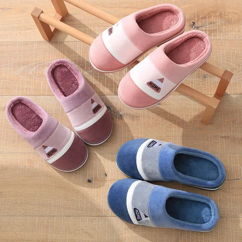 Classic Men Slippers Winter Warm Cotton Slippers For Men Home Wear-Resistant Stripe Non-slip Indoor Slides Couple Women Shoes