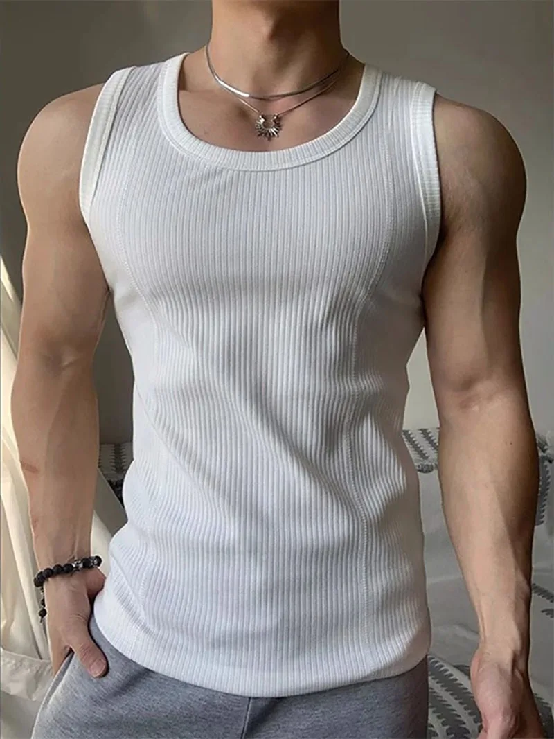 man White 2026 Thick Threaded Vest Men's Summer Slim Fit Muscle-Defining Sleeveless T-Shirt American Fitness Sports Tank Top