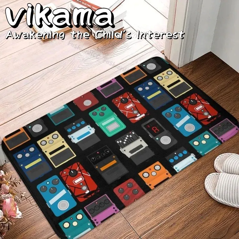 ​ VIKAMA Rockstar Rhythm Rug – Plüschflanell mit Gitarrenpedalgrafik, rutschfeste Musikmatte für Schlafzimmer mit eingelassenden Musikern ​