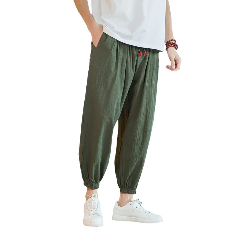 

Cotton and Linen Wide Leg Pants for Men's Summer Slim Leggings, Chinese Style Loose Fit Large Size Nine Point Lantern Pants