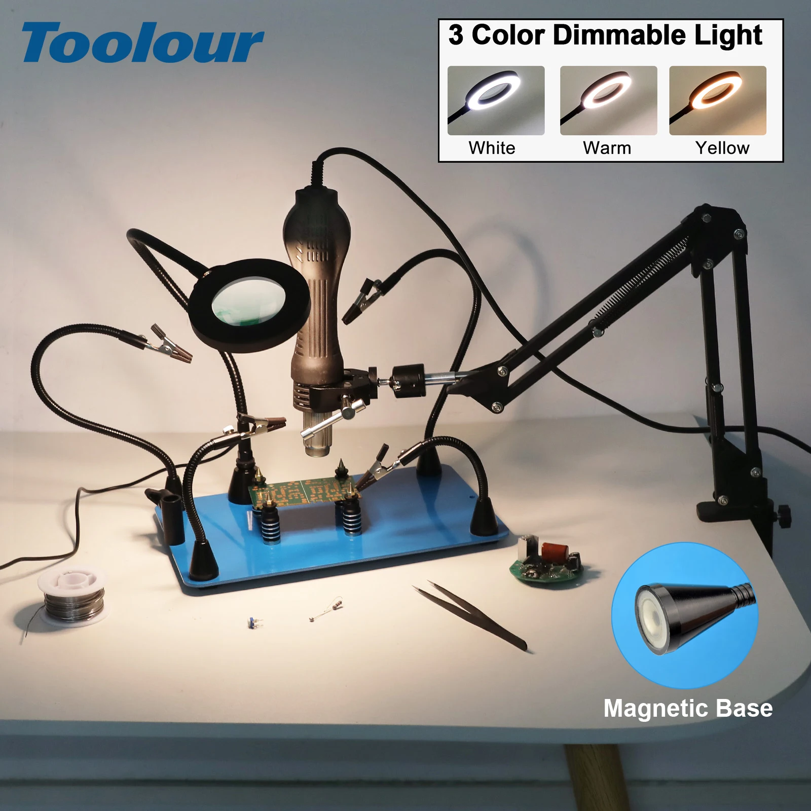 

Toolour Magnetic Helping Hands with 3X Magnifying Lamp Larger Sturdy Base 360° Hot Air Gun Holder for Repair Solder Station