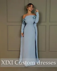 XIXI Column Evening Dresses Off-The-Shoulder Neckline Floor-Length Beaded Zipper Up Long Sleeves Vestidos De Gala Bride Dresses