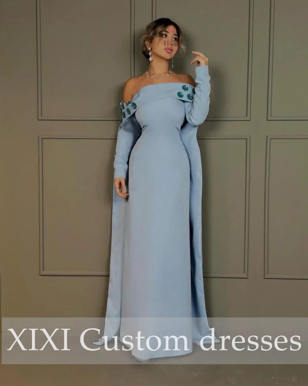 XIXI Column Evening Dresses Off-The-Shoulder Neckline Floor-Length Beaded Zipper Up Long Sleeves Vestidos De Gala Bride Dresses