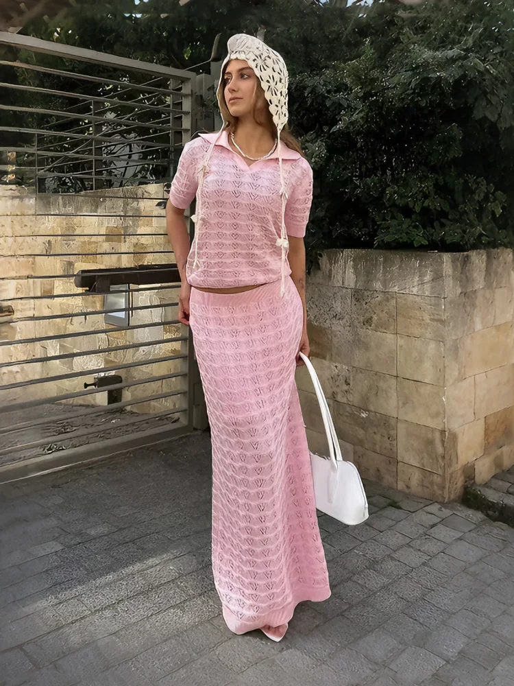 

Летний вязаный комплект Tossy из 2 предметов: повседневный пляжный пуловер и свободная макси-юбка для женщин