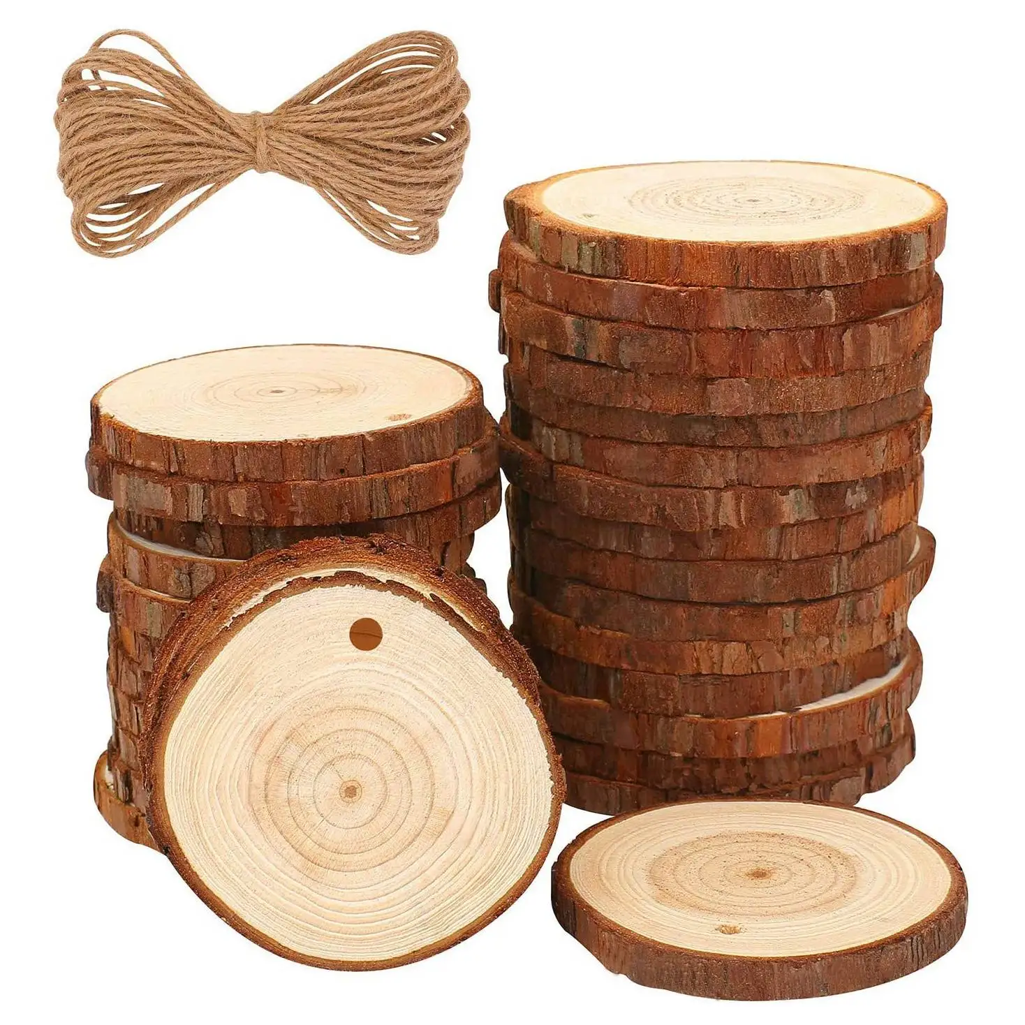 30 Pcs 2.4-2.8 inch Natural Wood Slices Craft Wood Kit with Hemp Rope for Arts and Crafts Christmas Ornaments DIY Crafts